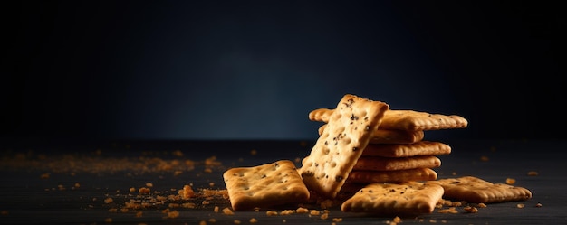 Fresh crispy golden crackers on a dark background Generative AI