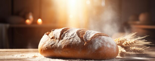 Fresh crispy sourdough bread on a sunny day Fragrant bread on a wooden table Generative AI