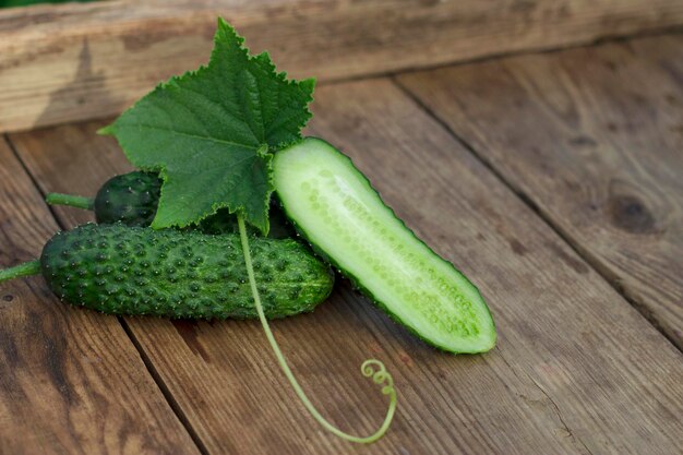 Fresh crispy summer cucumbers with leaf on a wooden background