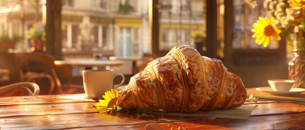写真 暖かい日光に浴びた快適なストリートカフェの木製のテーブルに新鮮なクロワッサンとコーヒー
