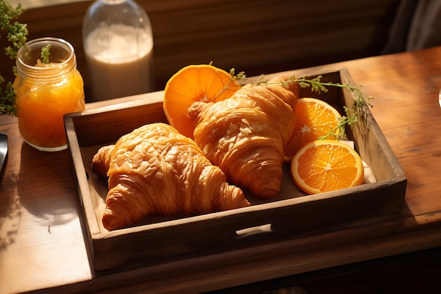 Photo fresh croissant and citrus fruits served for breakfast in tray