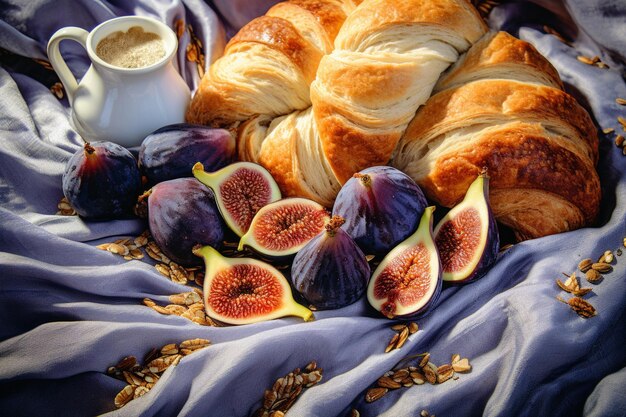 Photo fresh croissant cookie cornflakes chia seeds pudding and fig slices on cloth