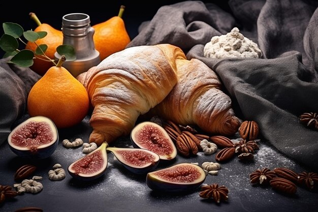 Fresh croissant cookie cornflakes chia seeds pudding and fig slices on cloth