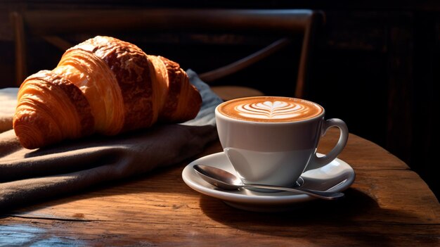 Photo fresh croissant and cup of coffee on wooden table breakfast