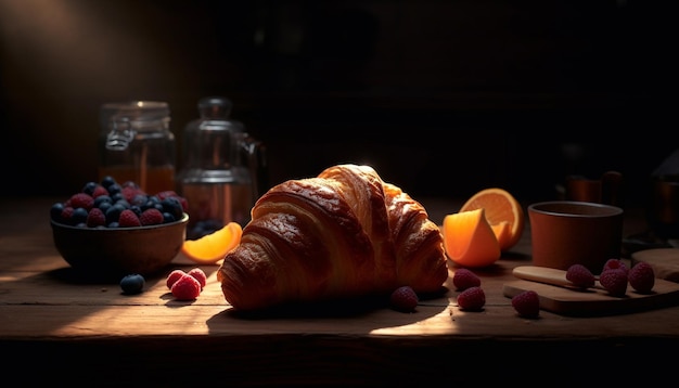 Fresh croissant and fruit on rustic wooden table generated by artificial intelligence