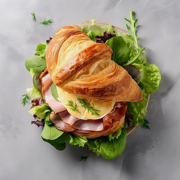 Фото Сэндвич со свежим круассаном с ветчиной, сыром и листьями салатавид сверху генеративный ии