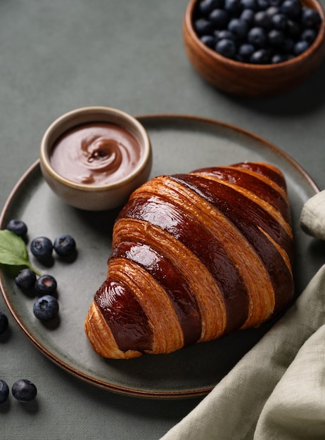 Fresh croissant with chocolate and blueberries on a dark plate on a green background close up Delicious homemade breakfast concept