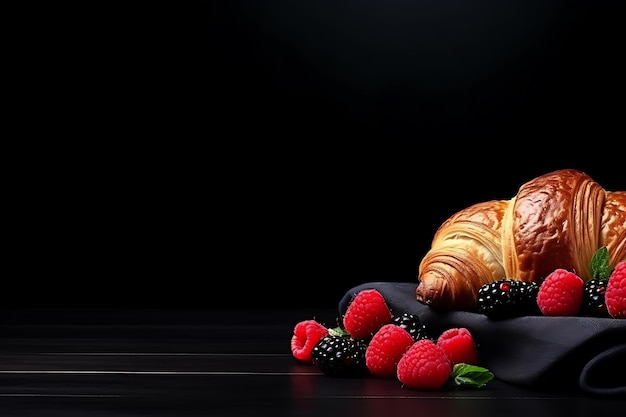 Fresh croissants and berries on a black background with a copy space