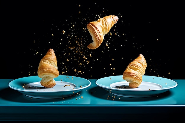 Fresh croissants fly into the plate in different positions levitation