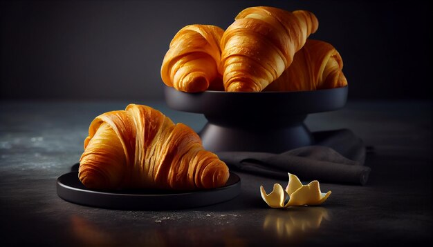 Fresh croissants on a plate with a cup of coffee Dark backgroundgenerative ai