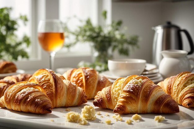 Fresh croissants on a white plate in the kitchen