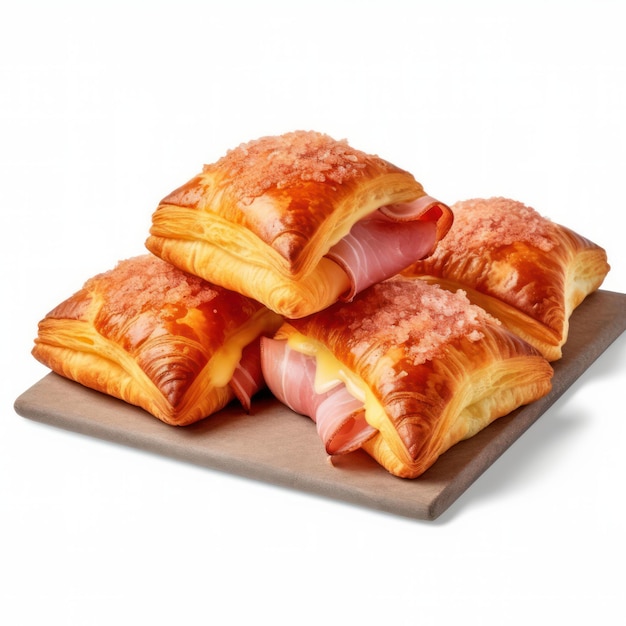 Fresh croissants with ham cheese and parsley on white background