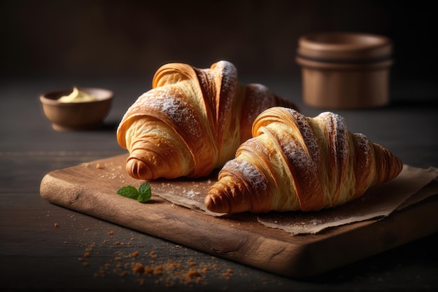 Fresh croissants on a wooden board AI generation