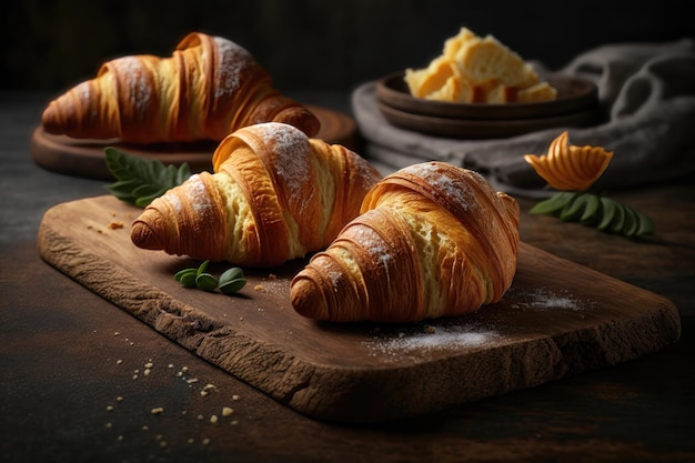 Fresh croissants on a wooden board AI generation