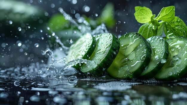 A fresh cucumber being chopped with a splash of cool water droplets