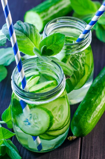 Fresh cucumber drink in glassware on the table