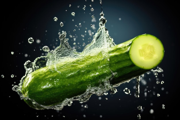 Fresh cucumber floating with water splashes on studio background