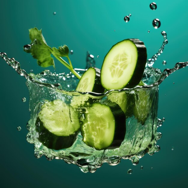 Fresh cucumber floating with water splashes on studio background