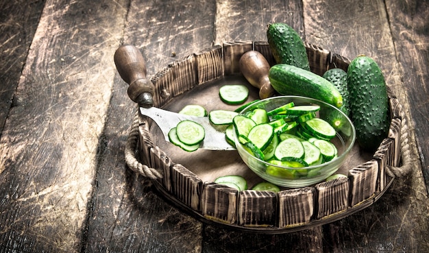 fresh cucumber on an old tray.