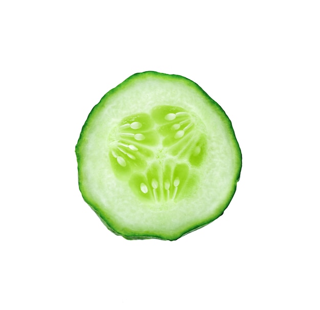 Fresh cucumber slice isolated on white surface