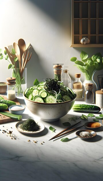 Fresh Cucumber Wakame Salad on Marble Counter