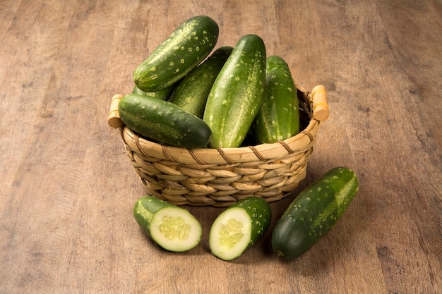 Fresh cucumber on the wooden table. Fresh vegetable.