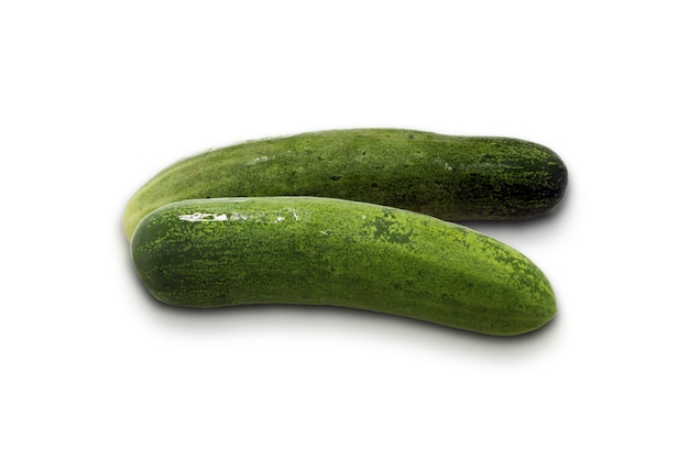 Fresh cucumbers are placed on a white background.