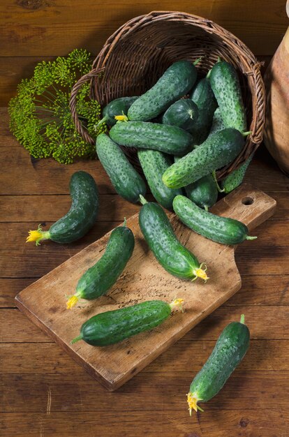 Fresh cucumbers in basket and dill on wooden table. Rustic style.