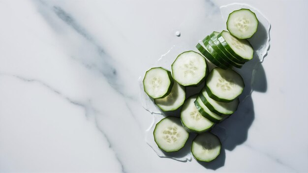 Fresh cucumbers sliced on marble background