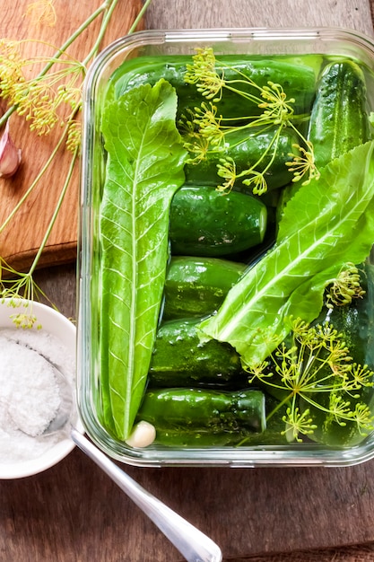 Fresh cucumbers with herbs and spices prepared for pickling in glass container