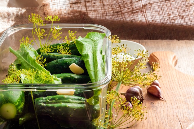 Fresh cucumbers with herbs and spices prepared for pickling