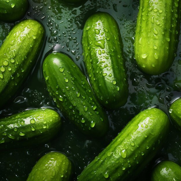 Fresh cucumbers with water drops on dark background Close up