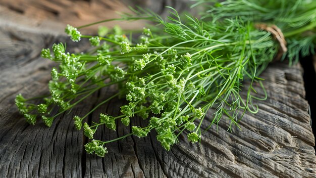 Fresh curly parsley and dill on rustic wooden surface with natural light