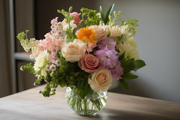 Fresh cut bouquet of pastel flowers in clear vase created with generative ai
