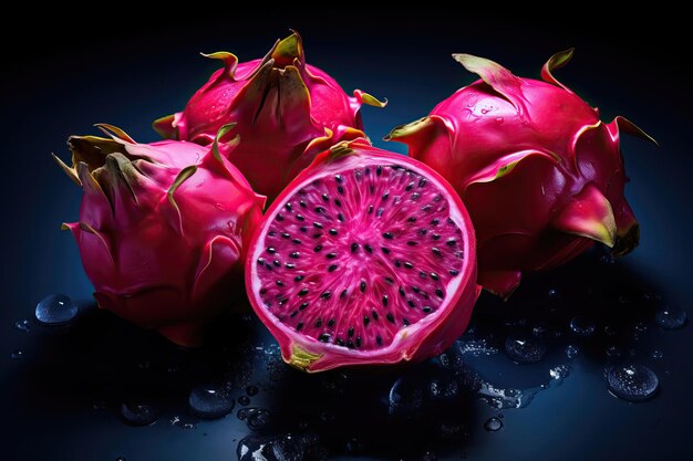 Fresh cut Dragon Fruit on dark background