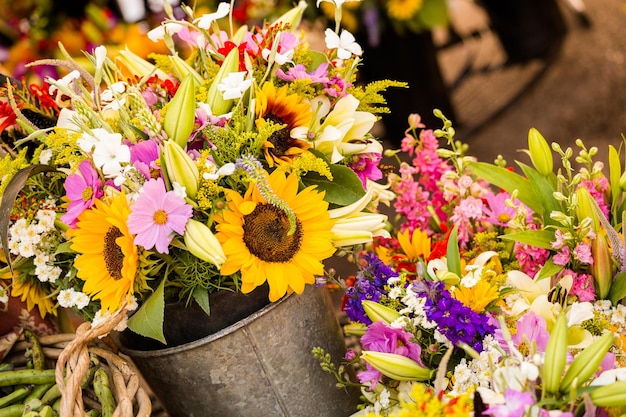 Fresh cut flowers on sale at the local farmers market.