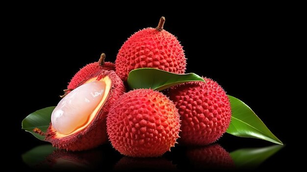 Fresh and cut open ripe lychee fruits Generative ai