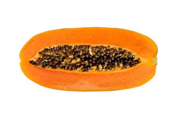 Fresh cut papaya with black seeds isolated on white background