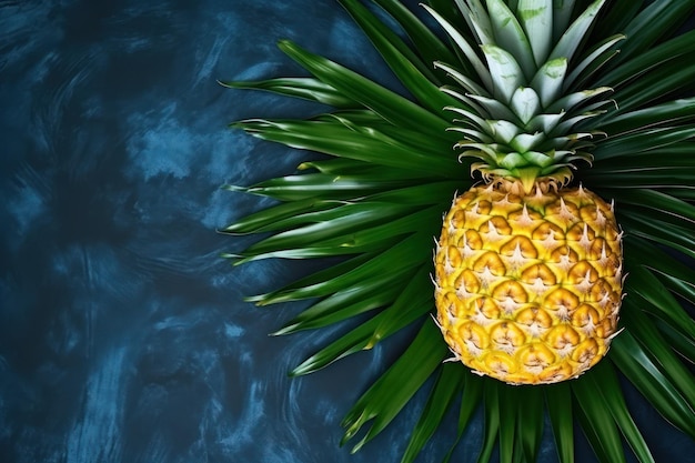 Fresh Cut Pineapple with Tropical Leaves on Dark Blue Background AI Generated