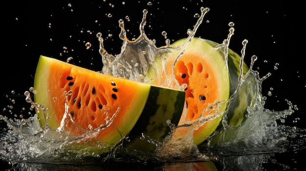 Fresh cut water melon splashed with black background and blur