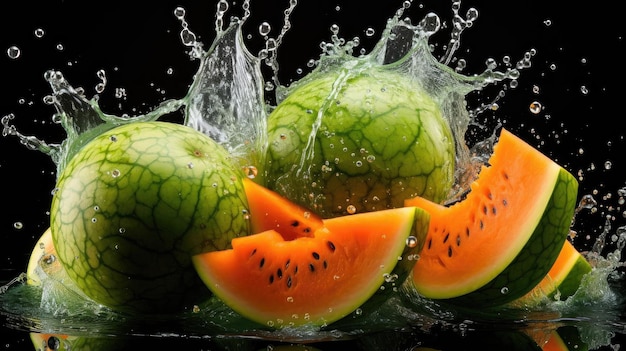 Fresh cut water melon splashed with black background and blur