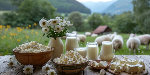 Fresh dairy products displayed on a rustic wooden table in a countryside setting