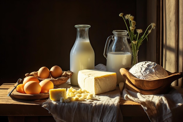 Fresh dairy products on wooden table