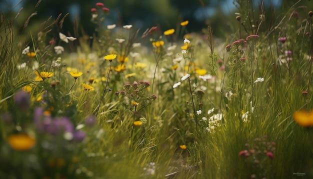 AI によって生成された活気に満ちた草原の風景の中に新鮮なデイジーの花びら