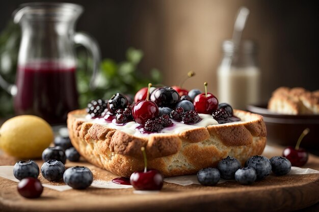 Fresh danish bread with milk and fruit blueberry cherry sauce served with milk