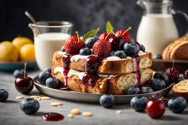 Fresh danish bread with milk and fruit blueberry cherry sauce served with milk