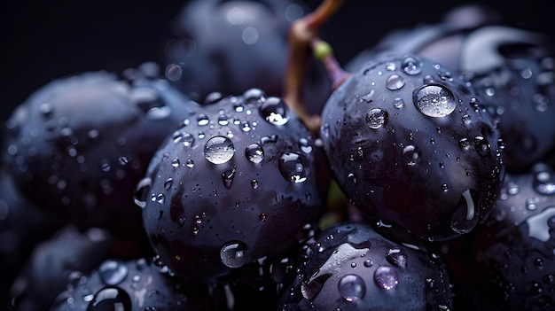 Fresh dark grapes with droplets closeup vibrant purple fruit on a dark background perfect for food blogs royaltyfree stock photo AI