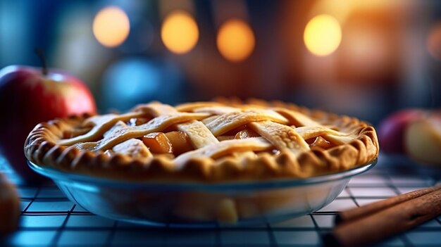 Fresh delicious apple pie on blurred kitchen background Generative Ai