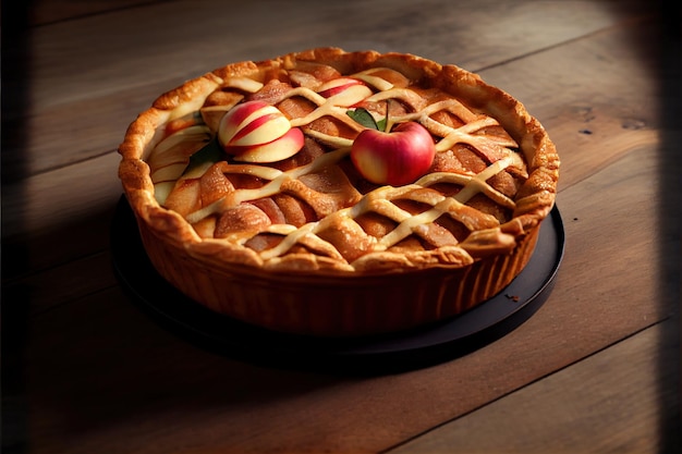 Fresh delicious apple pie on wooden table