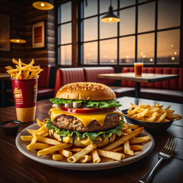 The fresh and delicious big cheeseburger with salad and potato fries the table in the restaurant